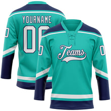 Load image into Gallery viewer, Custom Aqua White-Navy Hockey Lace Neck Jersey
