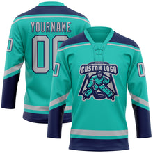 Laden Sie das Bild in den Galerie-Viewer, Custom Aqua Gray-Navy Hockey Lace Neck Jersey
