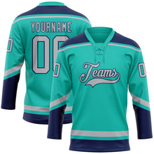 Laden Sie das Bild in den Galerie-Viewer, Custom Aqua Gray-Navy Hockey Lace Neck Jersey
