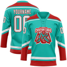 Load image into Gallery viewer, Custom Aqua White-Red Hockey Lace Neck Jersey
