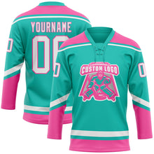 Загрузить изображение в средство просмотра галереи, Custom Aqua White-Pink Hockey Lace Neck Jersey
