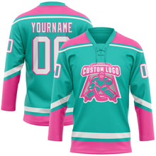 Laden Sie das Bild in den Galerie-Viewer, Custom Aqua White-Pink Hockey Lace Neck Jersey
