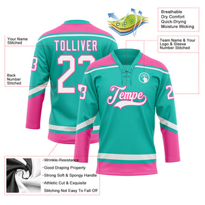 Custom Aqua White-Pink Hockey Lace Neck Jersey