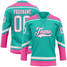 Загрузить изображение в средство просмотра галереи, Custom Aqua White-Pink Hockey Lace Neck Jersey
