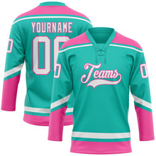 Laden Sie das Bild in den Galerie-Viewer, Custom Aqua White-Pink Hockey Lace Neck Jersey
