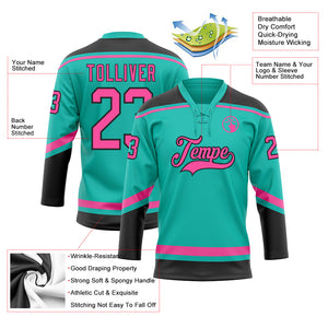 Custom Aqua Pink-Black Hockey Lace Neck Jersey