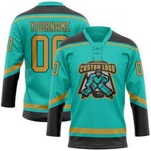 Load image into Gallery viewer, Custom Aqua Old Gold-Black Hockey Lace Neck Jersey
