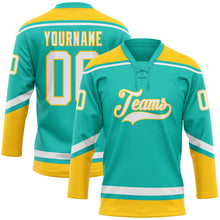 Load image into Gallery viewer, Custom Aqua White-Yellow Hockey Lace Neck Jersey

