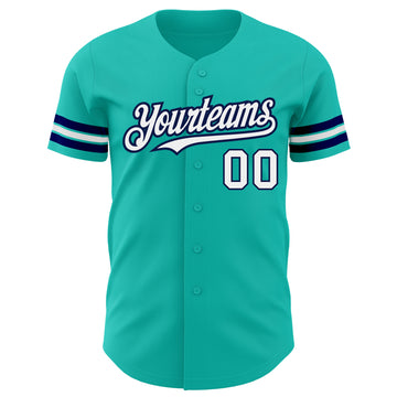 Custom Aqua White-Navy Authentic Baseball Jersey