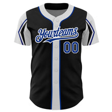 Laden Sie das Bild in den Galerie-Viewer, Custom Black Royal-White 3 Colors Arm Shapes Authentic Baseball Jersey
