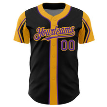 Load image into Gallery viewer, Custom Black Purple-Gold 3 Colors Arm Shapes Authentic Baseball Jersey
