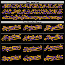 Load image into Gallery viewer, Custom Black Purple-Gold 3 Colors Arm Shapes Authentic Baseball Jersey
