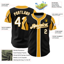 Load image into Gallery viewer, Custom Black White-Gold 3 Colors Arm Shapes Authentic Baseball Jersey
