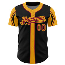 Load image into Gallery viewer, Custom Black Crimson-Gold 3 Colors Arm Shapes Authentic Baseball Jersey
