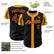 Load image into Gallery viewer, Custom Black Crimson-Gold 3 Colors Arm Shapes Authentic Baseball Jersey
