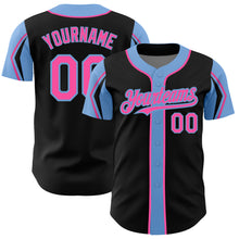 Load image into Gallery viewer, Custom Black Pink-Light Blue 3 Colors Arm Shapes Authentic Baseball Jersey
