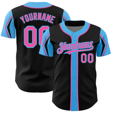 Custom Black Pink-Sky Blue 3 Colors Arm Shapes Authentic Baseball Jersey
