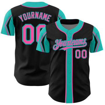 Custom Black Pink-Aqua 3 Colors Arm Shapes Authentic Baseball Jersey
