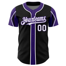 Laden Sie das Bild in den Galerie-Viewer, Custom Black White-Purple 3 Colors Arm Shapes Authentic Baseball Jersey
