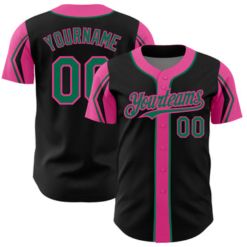 Custom Black Kelly Green-Pink 3 Colors Arm Shapes Authentic Baseball Jersey