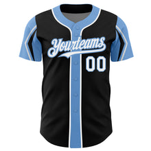 Laden Sie das Bild in den Galerie-Viewer, Custom Black White-Light Blue 3 Colors Arm Shapes Authentic Baseball Jersey
