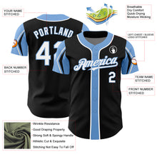 Laden Sie das Bild in den Galerie-Viewer, Custom Black White-Light Blue 3 Colors Arm Shapes Authentic Baseball Jersey
