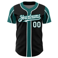 Laden Sie das Bild in den Galerie-Viewer, Custom Black White-Teal 3 Colors Arm Shapes Authentic Baseball Jersey
