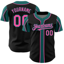 Load image into Gallery viewer, Custom Black Pink-Teal 3 Colors Arm Shapes Authentic Baseball Jersey
