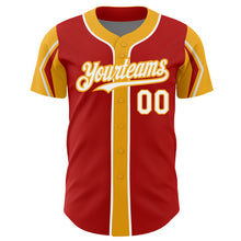 Laden Sie das Bild in den Galerie-Viewer, Custom Red White-Gold 3 Colors Arm Shapes Authentic Baseball Jersey
