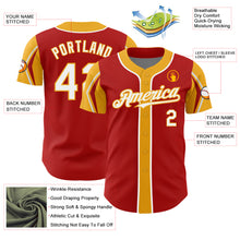Load image into Gallery viewer, Custom Red White-Gold 3 Colors Arm Shapes Authentic Baseball Jersey
