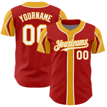 Load image into Gallery viewer, Custom Red White-Gold 3 Colors Arm Shapes Authentic Baseball Jersey
