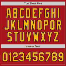 Load image into Gallery viewer, Custom Red Gold-Navy 3 Colors Arm Shapes Authentic Baseball Jersey
