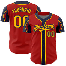 Load image into Gallery viewer, Custom Red Gold-Navy 3 Colors Arm Shapes Authentic Baseball Jersey
