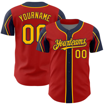 Custom Red Gold-Navy 3 Colors Arm Shapes Authentic Baseball Jersey