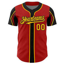 Laden Sie das Bild in den Galerie-Viewer, Custom Red Gold-Black 3 Colors Arm Shapes Authentic Baseball Jersey
