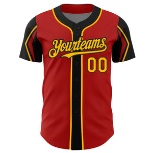 Custom Red Gold-Black 3 Colors Arm Shapes Authentic Baseball Jersey