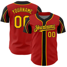 Load image into Gallery viewer, Custom Red Gold-Black 3 Colors Arm Shapes Authentic Baseball Jersey
