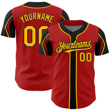 Laden Sie das Bild in den Galerie-Viewer, Custom Red Gold-Black 3 Colors Arm Shapes Authentic Baseball Jersey

