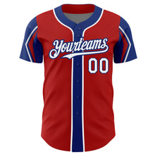 Laden Sie das Bild in den Galerie-Viewer, Custom Red White-Royal 3 Colors Arm Shapes Authentic Baseball Jersey
