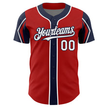 Laden Sie das Bild in den Galerie-Viewer, Custom Red White-Navy 3 Colors Arm Shapes Authentic Baseball Jersey
