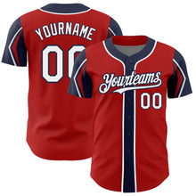 Load image into Gallery viewer, Custom Red White-Navy 3 Colors Arm Shapes Authentic Baseball Jersey
