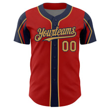 Laden Sie das Bild in den Galerie-Viewer, Custom Red Old Gold-Navy 3 Colors Arm Shapes Authentic Baseball Jersey
