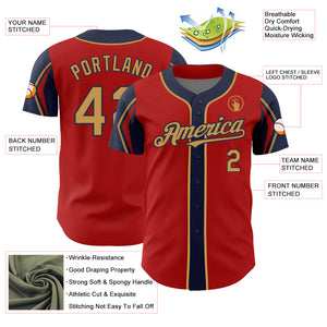 Custom Red Old Gold-Navy 3 Colors Arm Shapes Authentic Baseball Jersey