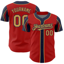 Laden Sie das Bild in den Galerie-Viewer, Custom Red Old Gold-Navy 3 Colors Arm Shapes Authentic Baseball Jersey
