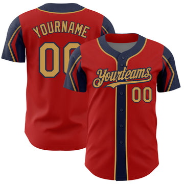 Custom Red Old Gold-Navy 3 Colors Arm Shapes Authentic Baseball Jersey