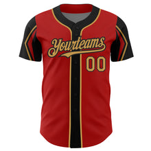 Laden Sie das Bild in den Galerie-Viewer, Custom Red Old Gold-Black 3 Colors Arm Shapes Authentic Baseball Jersey
