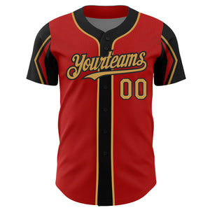 Custom Red Old Gold-Black 3 Colors Arm Shapes Authentic Baseball Jersey