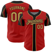 Load image into Gallery viewer, Custom Red Old Gold-Black 3 Colors Arm Shapes Authentic Baseball Jersey
