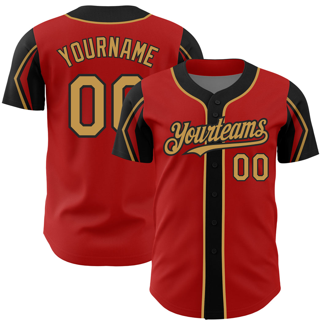 Custom Red Old Gold-Black 3 Colors Arm Shapes Authentic Baseball Jersey