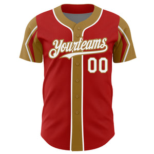 Custom Red White-Old Gold 3 Colors Arm Shapes Authentic Baseball Jersey